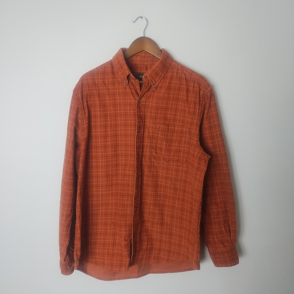 Eddie Bauer Corduroy Button Down Shirt Men's Medium Orange Cotton Outdoor Cabin